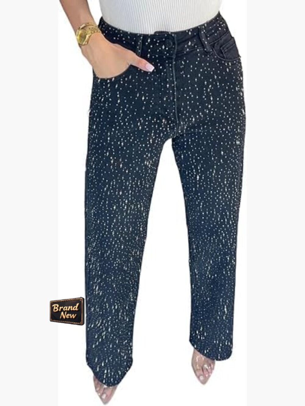 Baggy Sparkle Wide Leg Jeans Rhinestone Denim Pants Women Trendy